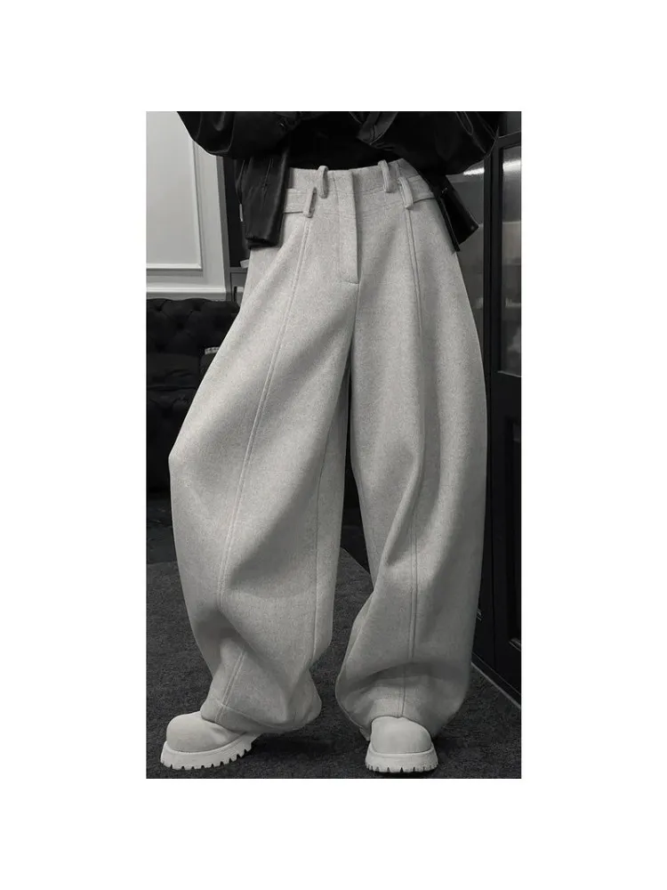 

Новые зимние однотонные шерстяные брюки премиум-класса в стиле ретро, широкие, струящиеся, с зауженным низом, повседневные прямые брюки для молодых мужчин