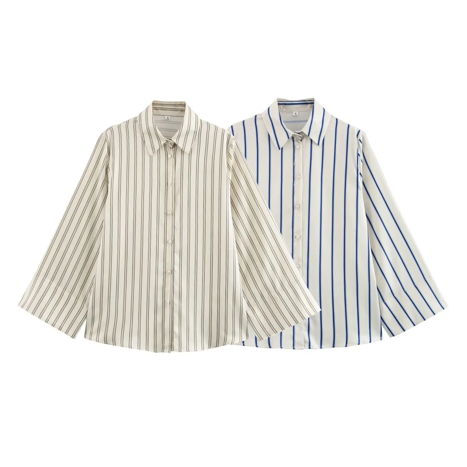 เสื้อเชิ้ตผู้หญิงสไตล์ยุโรปและอเมริกา แฟชั่นอเนกประสงค์ ปกเสื้อแบบปกเชิ้ต แขนกว้าง ลายทาง ทรงเข้ารูป ปี 2025