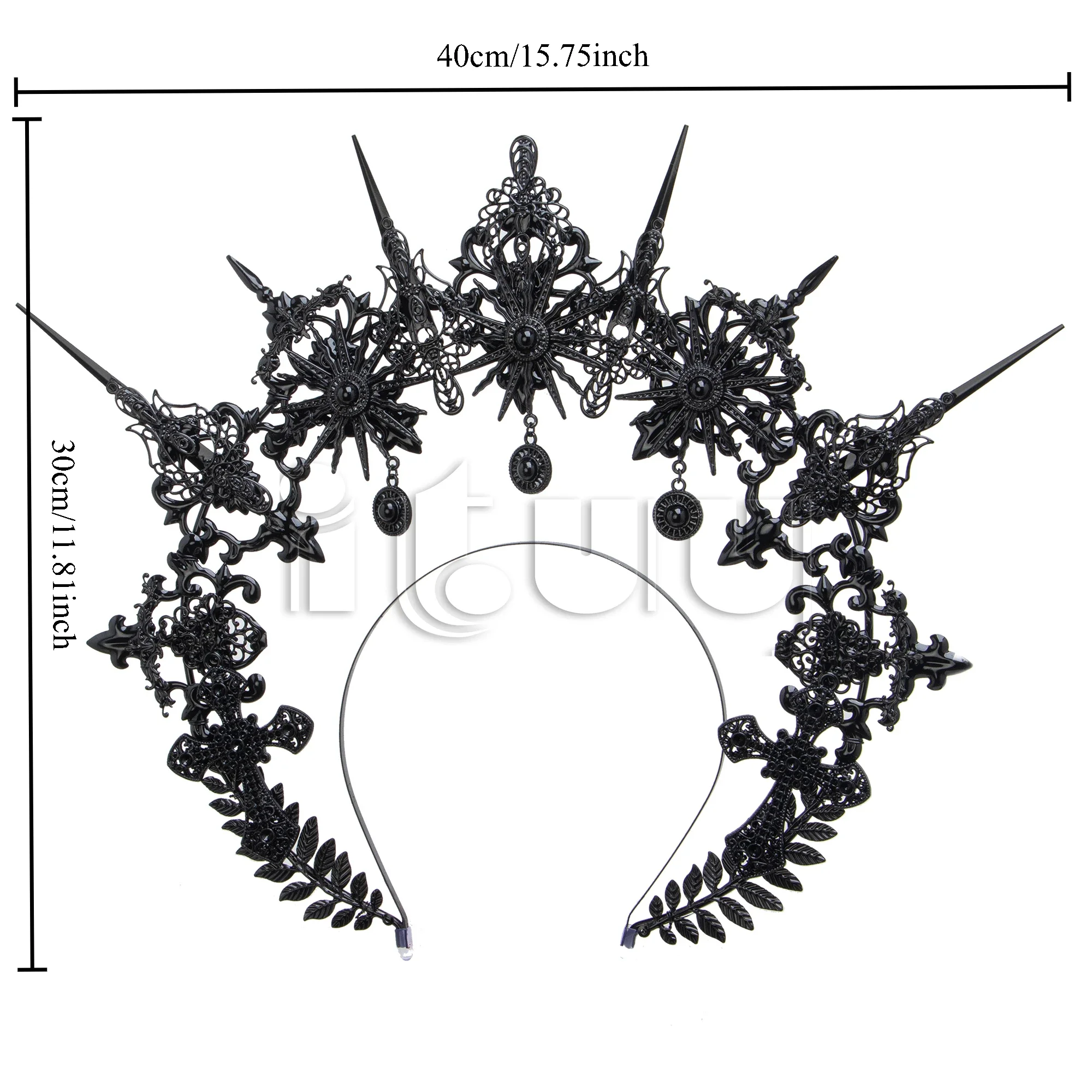 Handmade Gothic Lolita Pearl Sun Virgin Cross Crown Punk Headpiece  Black Spiked KC Halo Headband