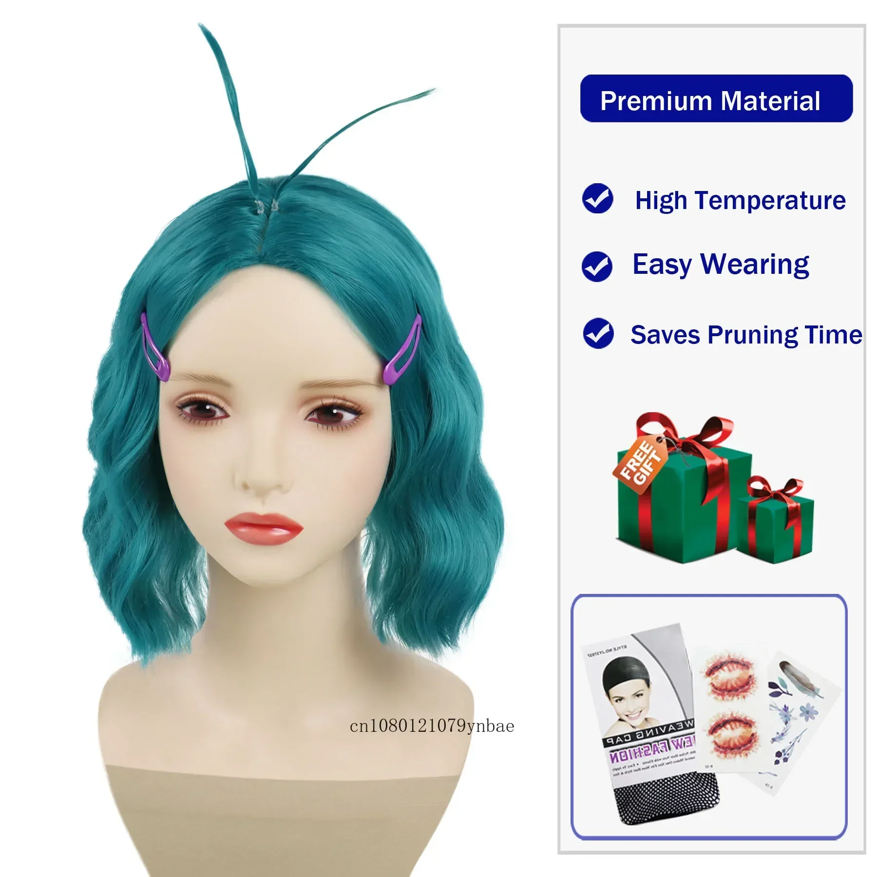 Короткий волнистый сине-зеленый синтетический милый бирюзовый парик с 2 заколками для женщин и девочек, парики для косплея, костюм аниме на Хэллоуин, вечерние