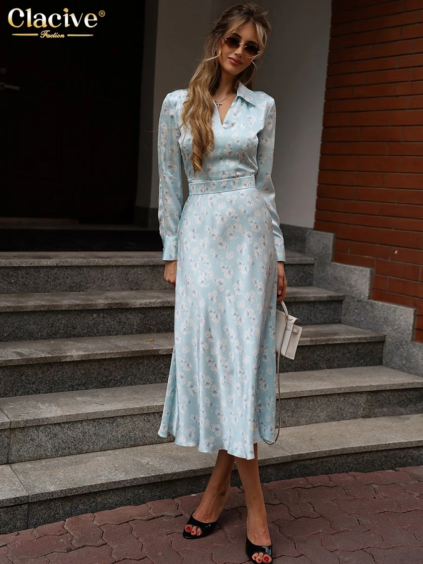 

Clacive Fashion Slim Print Women's Dress 2025 Casual Lapel Long Sleeve Midi Dresses Elegant Classic High Waist Female Dress