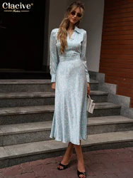 Clacive Fashion Slim Print Women's Dress 2025 Casual Lapel Long Sleeve Midi Dresses Elegant Classic High Waist Female Dress