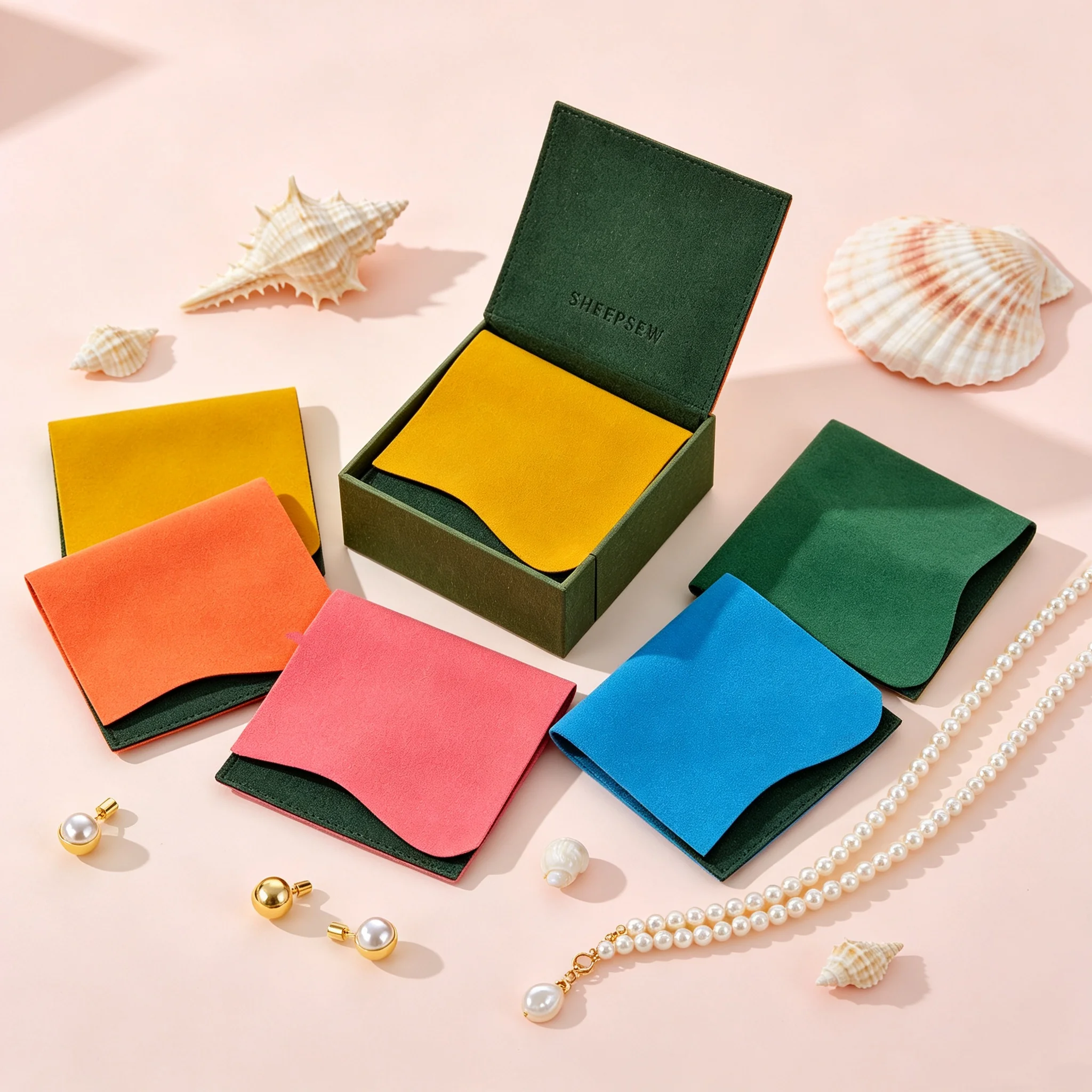 SheepSew Two-Tone Faux Suede Microfiber Envelope Jewelry Pouch Custom Debossed Logo Jewelry Display Gift Packaging Bag For Ring