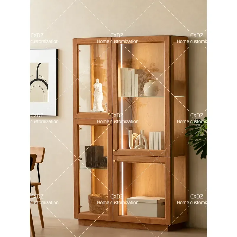 Solid Wood Bookcase Floor Standing Small Bookshelf Integrated Whole Wall Storage Cabinet for Home Living Room