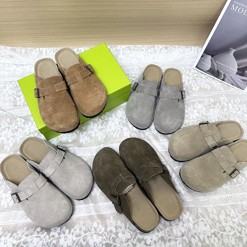 2024 New Women's Suede Leather Flat Shoes Autumn and Winter Cork Sole Baotou Women's Flat Slippers