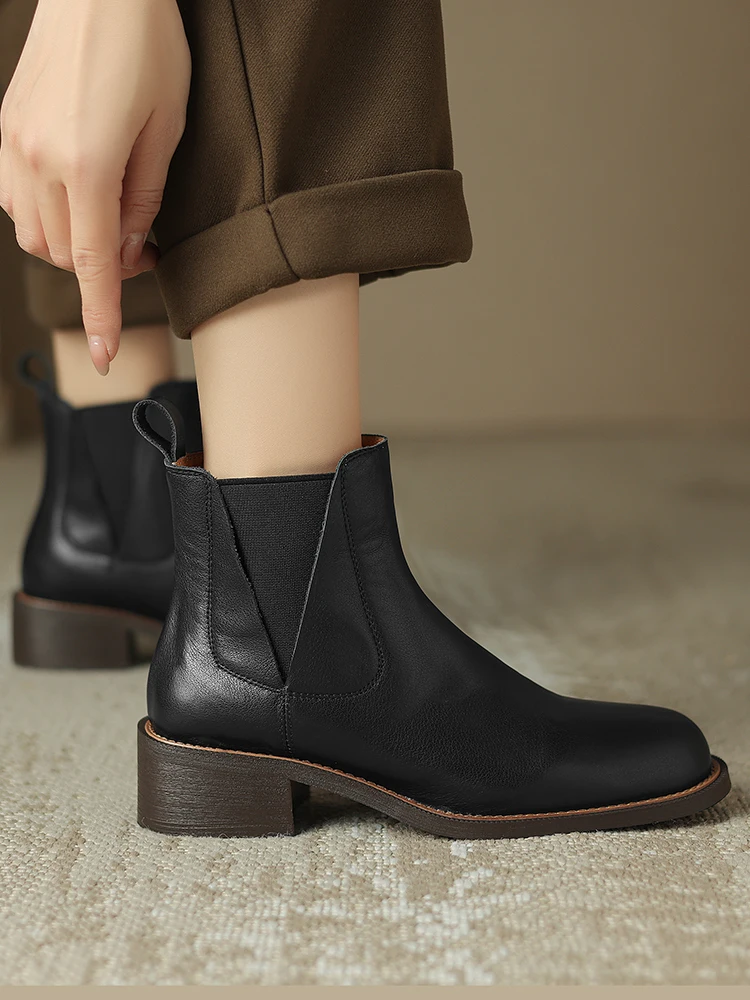 Genuine Leather Women Chelsea Boots New 2024 Spring Autumn Round Toe Ankle Boots Black Brown Retro 4.5CM Mid Block Heeled Shoes