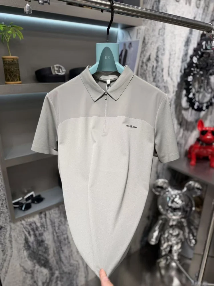 

Summer New Men's Fashionable Short Sleeve Turn-down Collar Semi-zip High Quality Cool Casual T-shirt Standard Fit Antibacterial