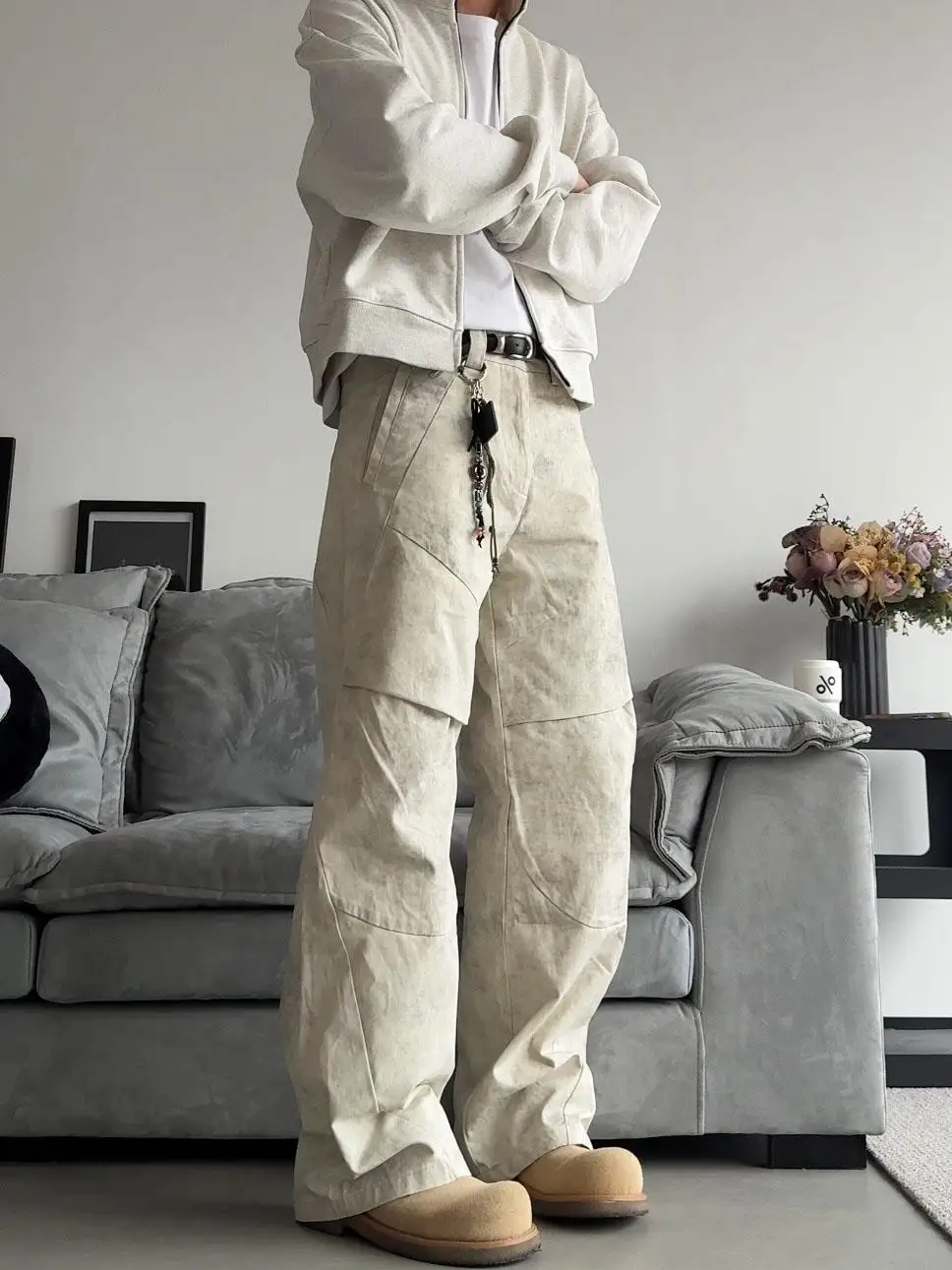 

Retro Loose Fit Work Trousers with Pleats Men's Women's American Street Sle Marble Pattern Cleanfit Splicing Casual Pants