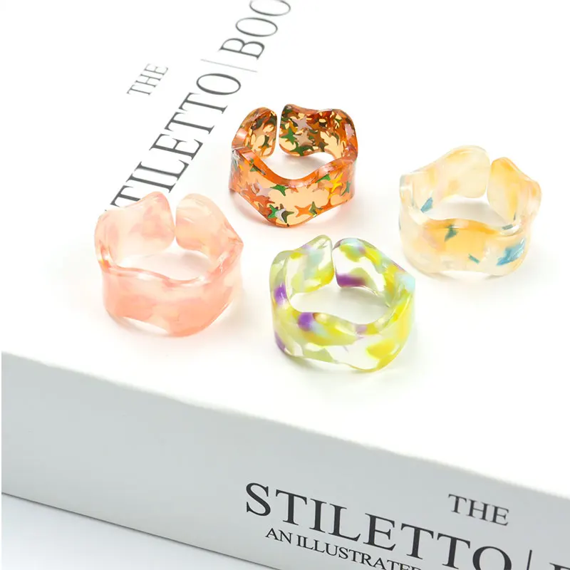 Fashion New Colorful Marble Pattern Transparent Acrylic Rings Open Adjustable Irregular Wave Resin Rings For Women Girls Jewelry