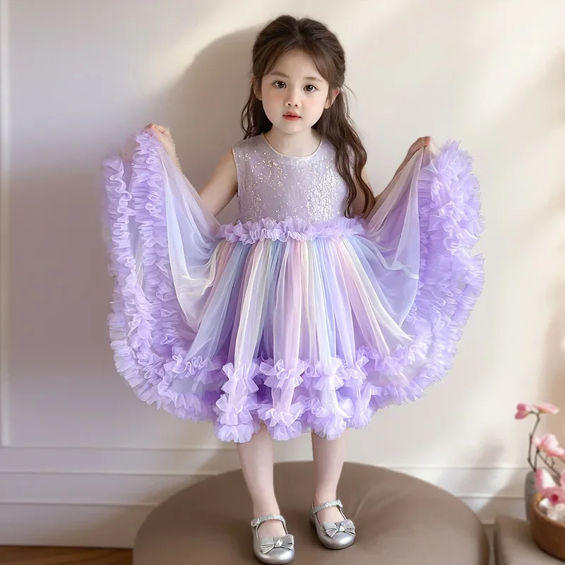 

Girls' Rainbow Cake Dress Summer Sleeveless Sparkling Sequin A-line Princess Dresses Sweet Mesh Birthday Party Sundress