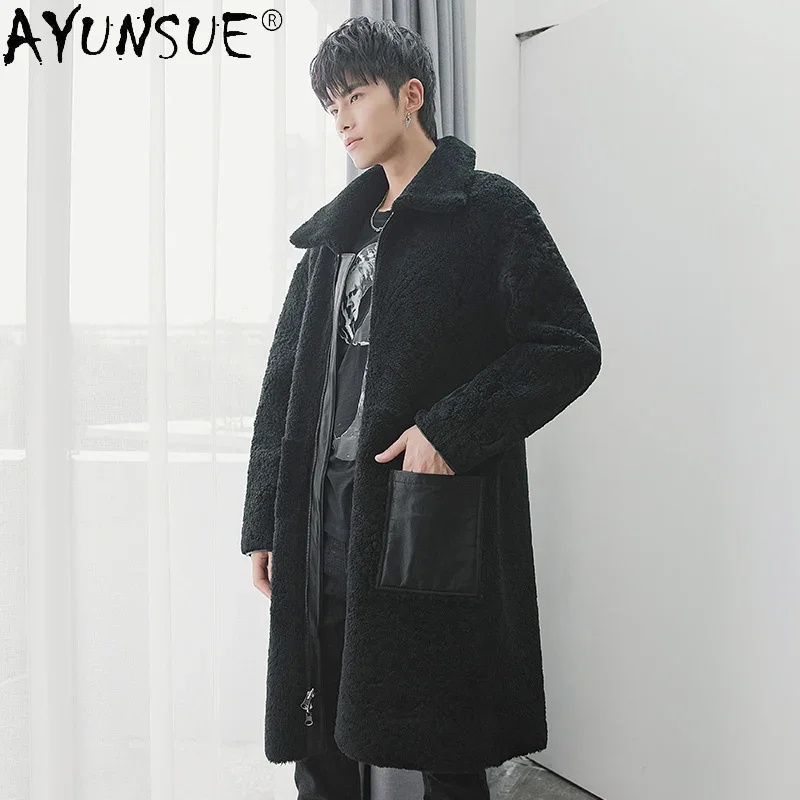 

AYUNSUE Winter Natural Leather Jacket Men Warm Real Fur Coat Male Long Black Casual Wool Coats Wear Both Sides Chaquetas SQQ773