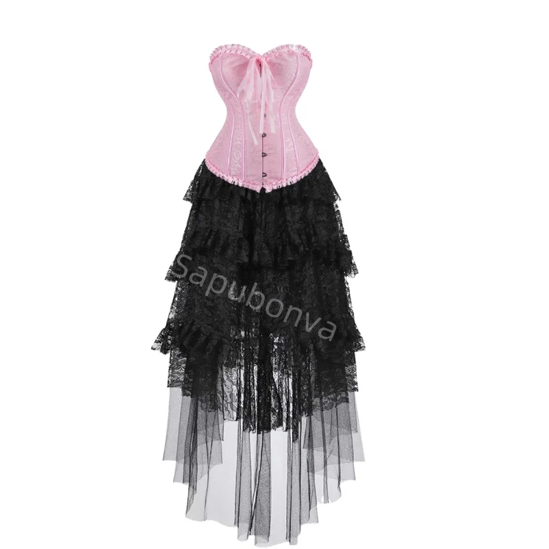 

Corset Dress Bustier Skirt Set Plus Size Lace Up Gothic Victorian Lolita Vintage Exotic Burlesque Korsett Halloween Pink
