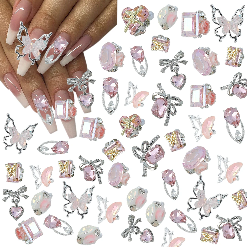 20/22 Uds. De dijes para uñas de la serie 3D rosa, mariposa, lazo, corazón, gemas para uñas, decoraciones, aleación de cristal, accesorios de joyería para uñas DIY de lujo *