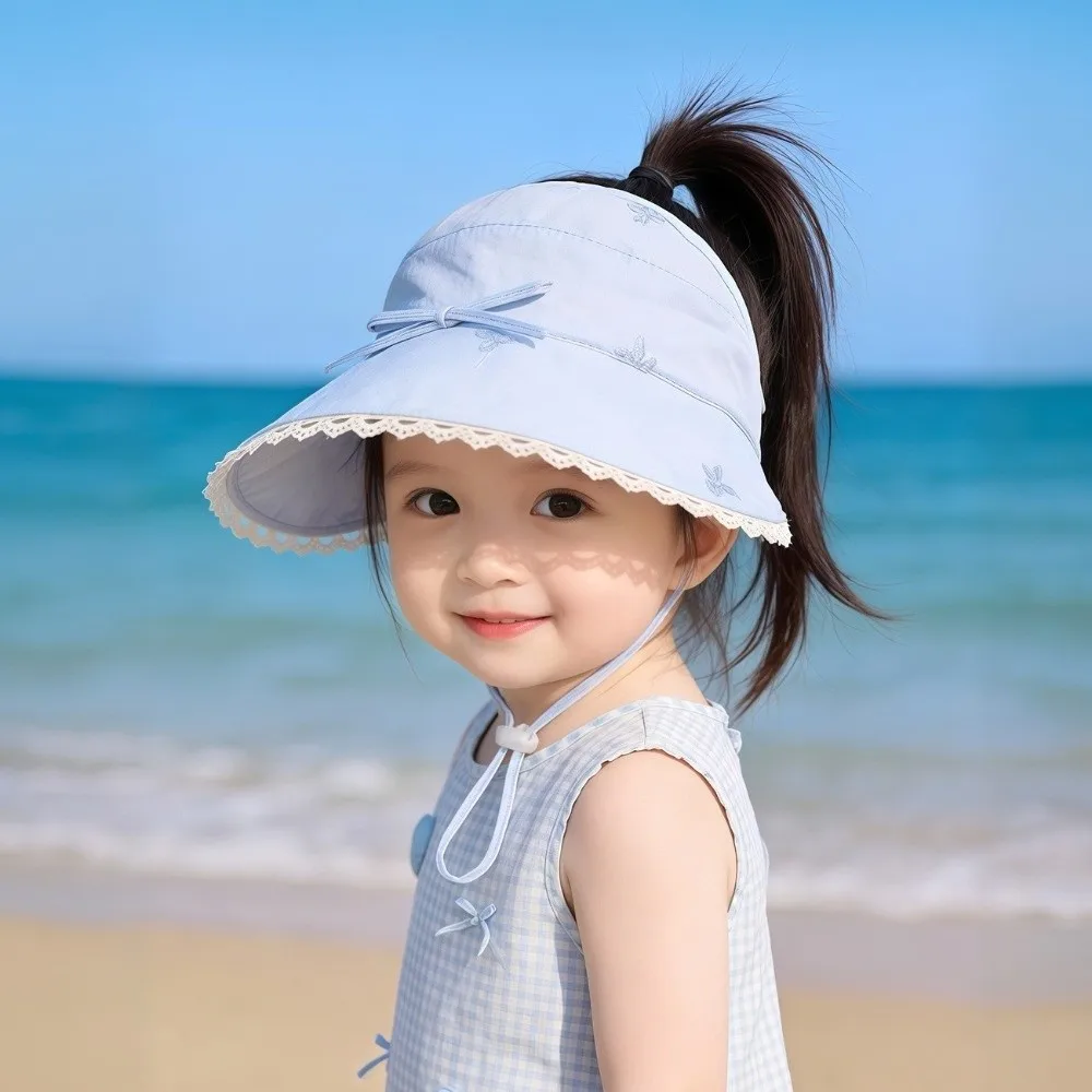 

Korean Princess Lace Trim Empty Top Hat Bowknot Thin Sun Protection Hat Cotton Foldable Panama Hat 3-8 Years Old Girls