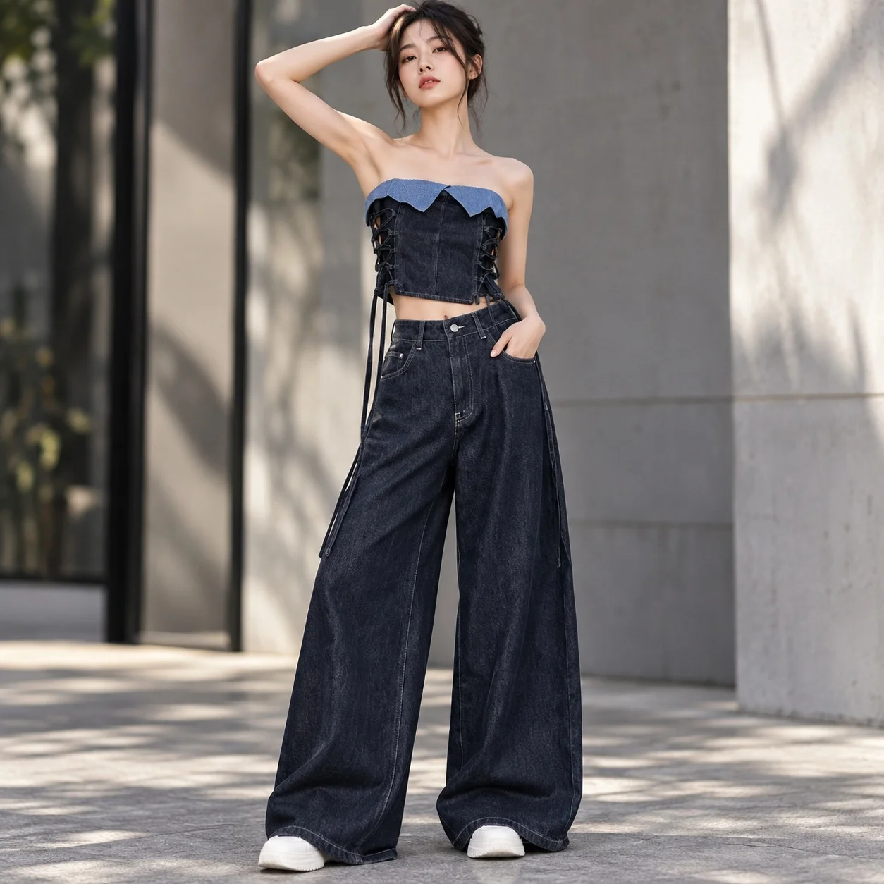 Wide Leg High Waist Pants Full Length Streetwear with Tie Detail Summer Cross Tie Minimalist Panelled No Stretch Women Sets