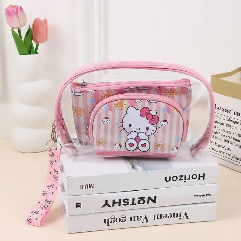 Borsa per il trucco Kawaii Hello Kitty Cartoon Versatile Pu Set da tre pezzi Palmare portatile Accessori da donna Commercio all'ingrosso di stoccaggio da viaggio