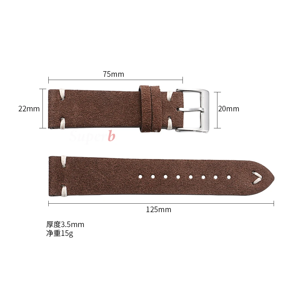 Pulseira de couro de camurça para seiko 18mm 20mm 22mm pulseira de relógio vintage pulseira de costura artesanal para huawei watch gt3/gt4