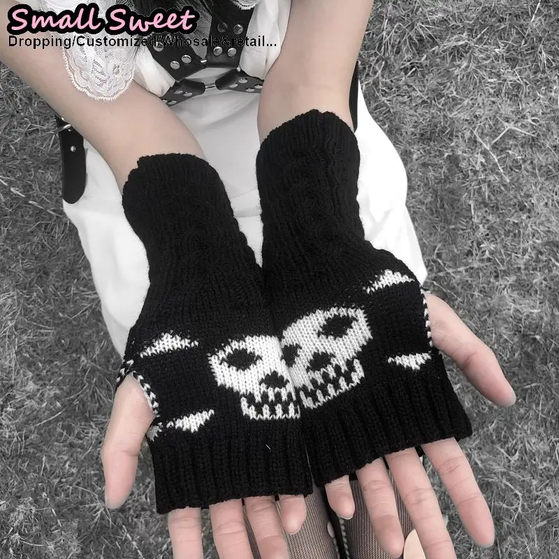 Women’s Y2K Girls Lolita JK Goth Keep Warm Knitted Sleeve Cover Half Finger Yarn Arm Warmers Japanese Skeleton Gloves Cuff