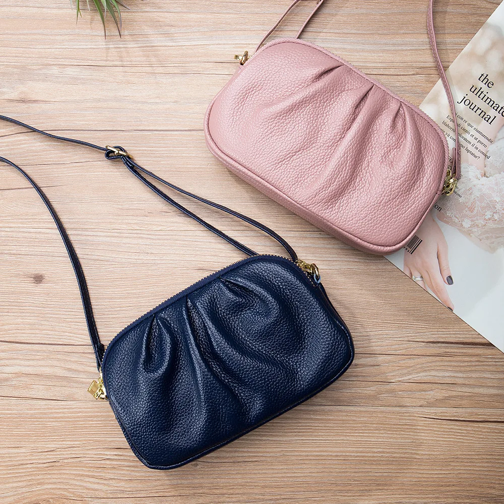 Luxury Genuine Leather Women's Bag Solid Colour Shoulder Bag Large Capacity 3 Zipper Crossbody Bags Cowhide Portable Phone Bag image 2