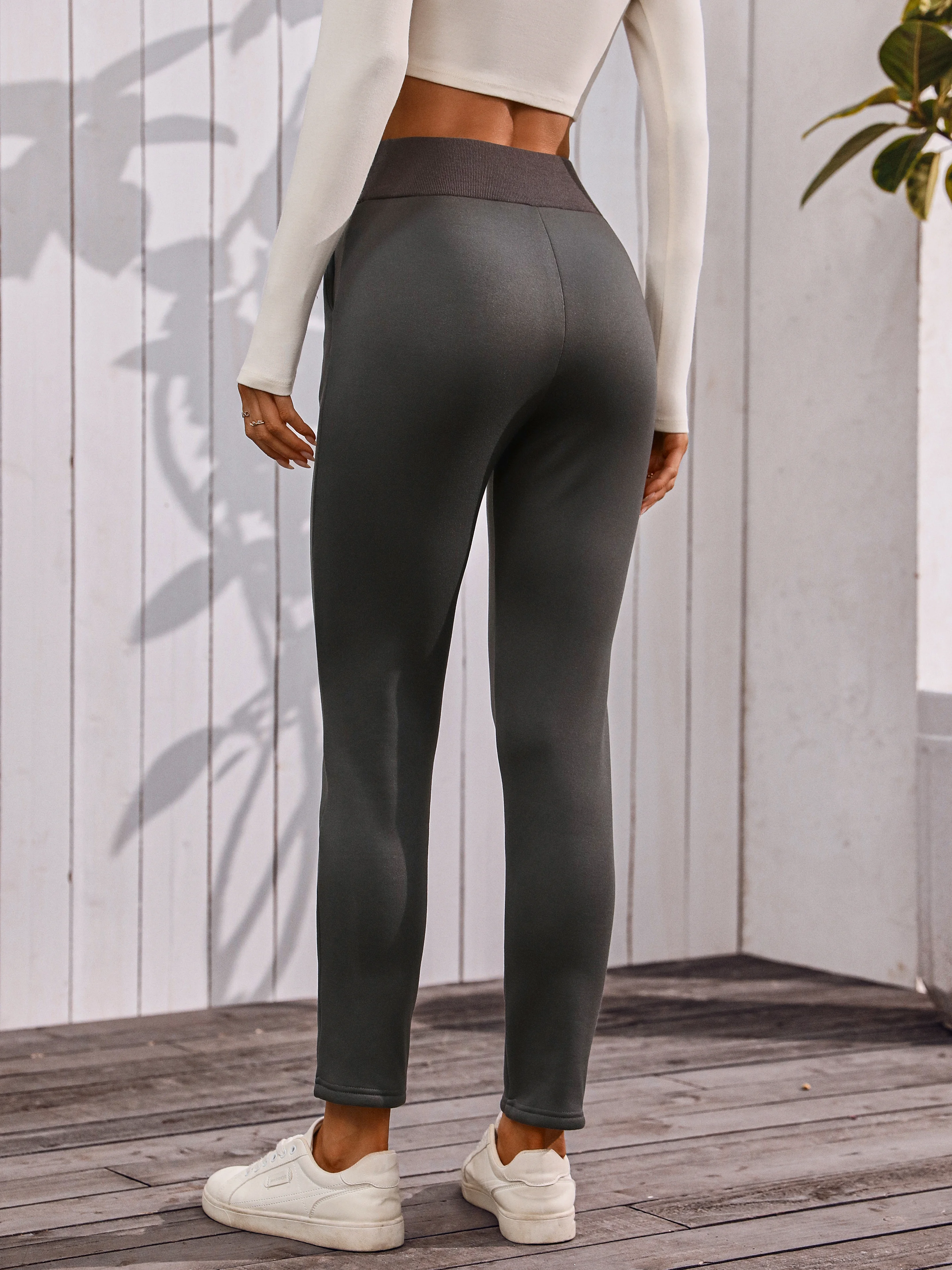 Women Fleece Lined Warm Leggings Wide Rib High Waist With Side Pockets Solid Slim Fit Ankle Length Thermal Trousers