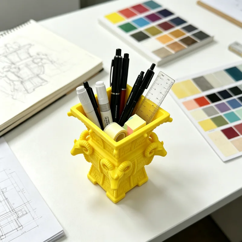 Four-Ram Head Antique-Style Vase-Shaped Pen Cup, Oriental Retro Sheep Head Carved Desktop Pen Holder, Pla Solid Structure Durable Office Pen Container, Stable Base for a Tidy Desk, Dressing Table Bookshelf Home Office Decoration, Office Supplies, Creative Gift Item for Art Enthusiasts