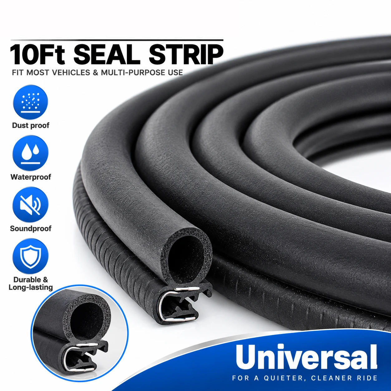 10 Feet Car Rubber Seal Strip Door Trim Weatherstrip EPDM Sealing with Side PVC Bulb Dustproof Noise Insulation Auto Accessories