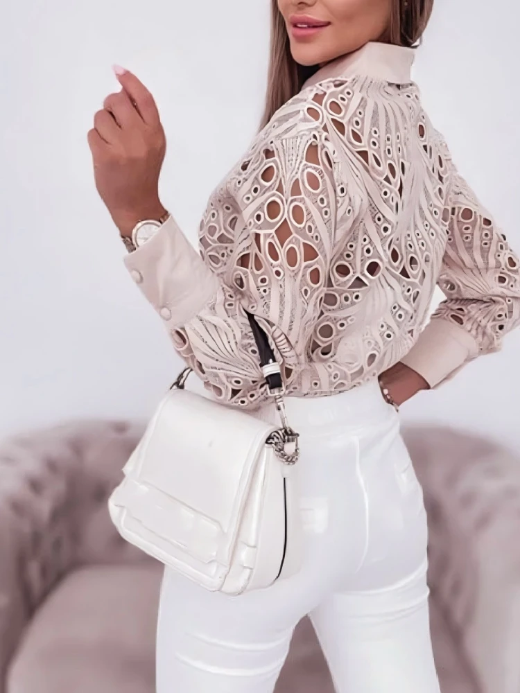 2025 Women\'s Shirts & Blouses Elegant Sexy Hollow Out Turn Down Neck Solid Blouse Camisas De Mujer White Lace Shirt Women
