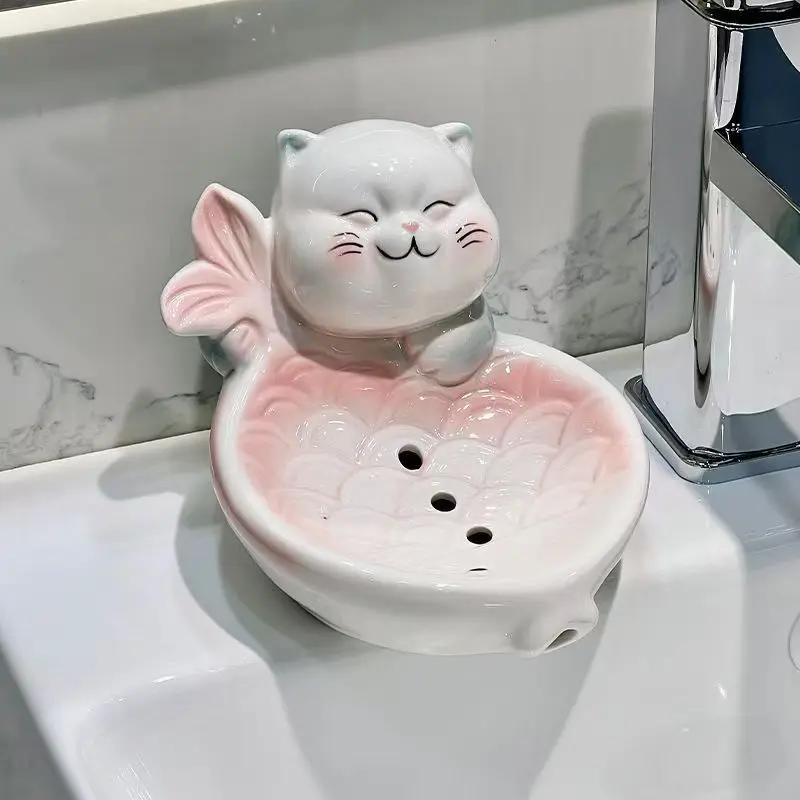 

Cute Cat Ceramic Soap Box Drain Household Cartoon Bathroom Bath Soap Box Soap Dish Ceramic Shelf Bathroom Decoration Accessories