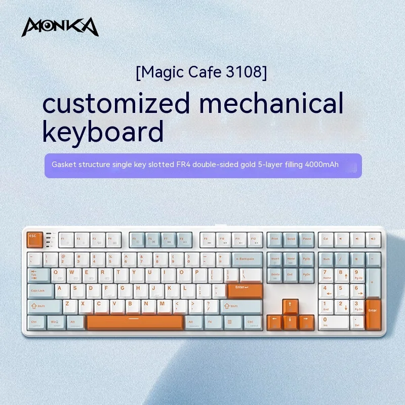 Monka 3108 tri-mode Mechanical keyboard Wireless 2.4G Bluetooth Gasket structure customized keyboard Wired hotplug gaming office