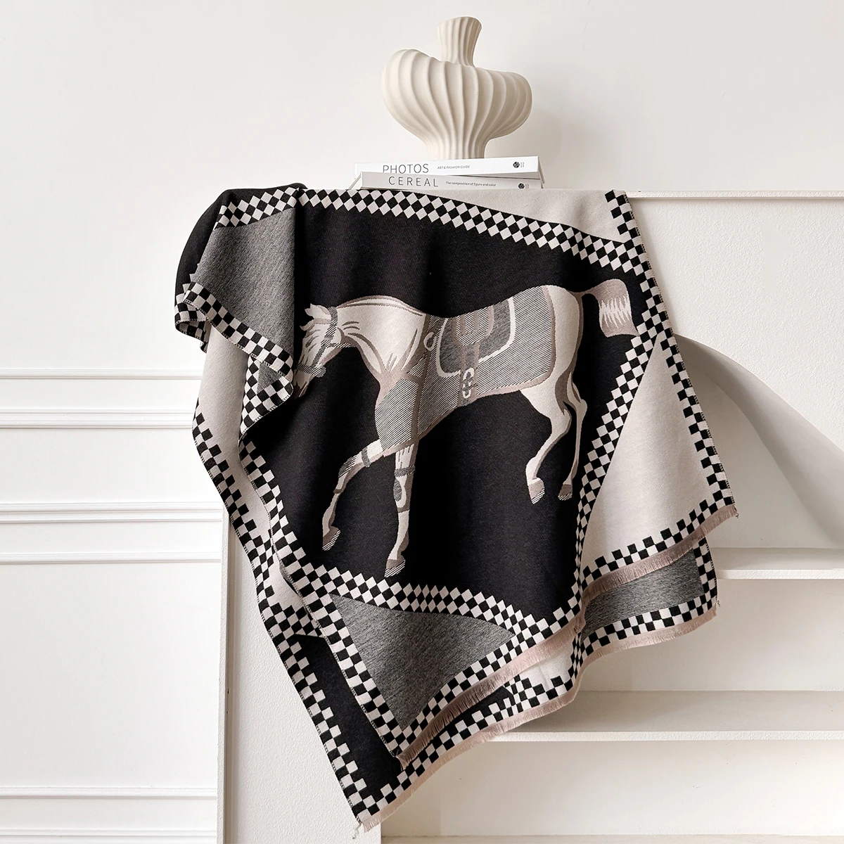 Luxury Women's Thick Faux Cashmere Scarf - Winter Warm Vintage Plaid & Warhorse Print Soft Shawl for Travel & Daily Wear