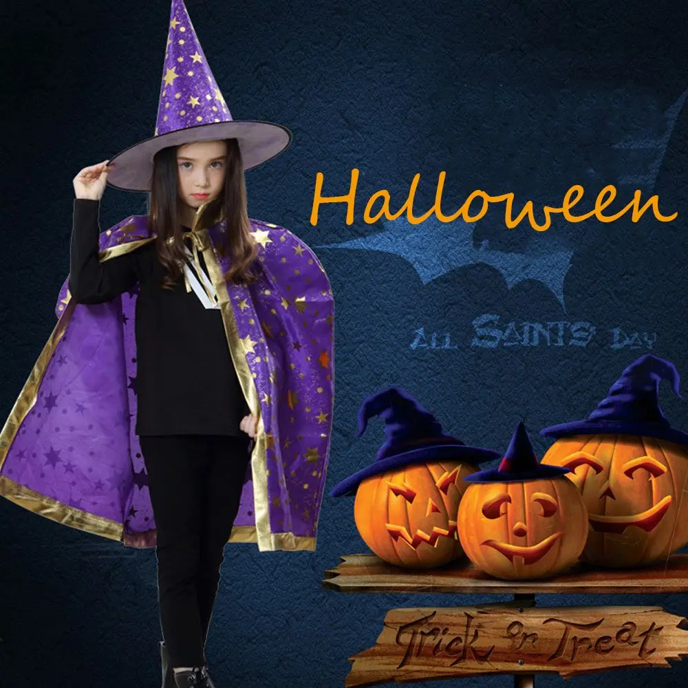 ウィザードハット付き女の子スター魔女キャップ子供コスプレ衣装パフォーマンス服ハロウィンマントセット怖い衣装