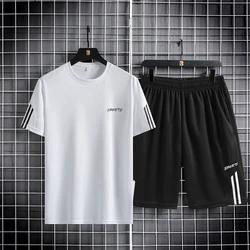 Three bar men's sports suit summer ice silk breathable mesh quick drying clothes quick drying pants outdoor running two-piece se