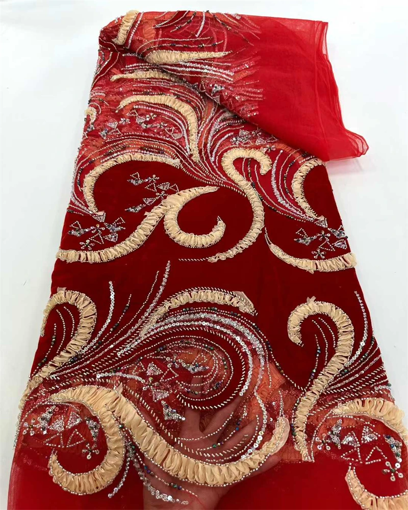 

African Velvet Lace Fabric with Nigerian Beads High Quality Wedding Lace French Beads Dressmaking Fabric for Brides