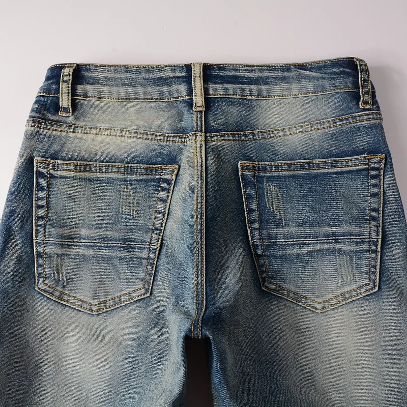 Distressed Motorbike Blue Color With Leather Ribs Patchwork Zippers Skinny Ripped Jeans Pants Men
