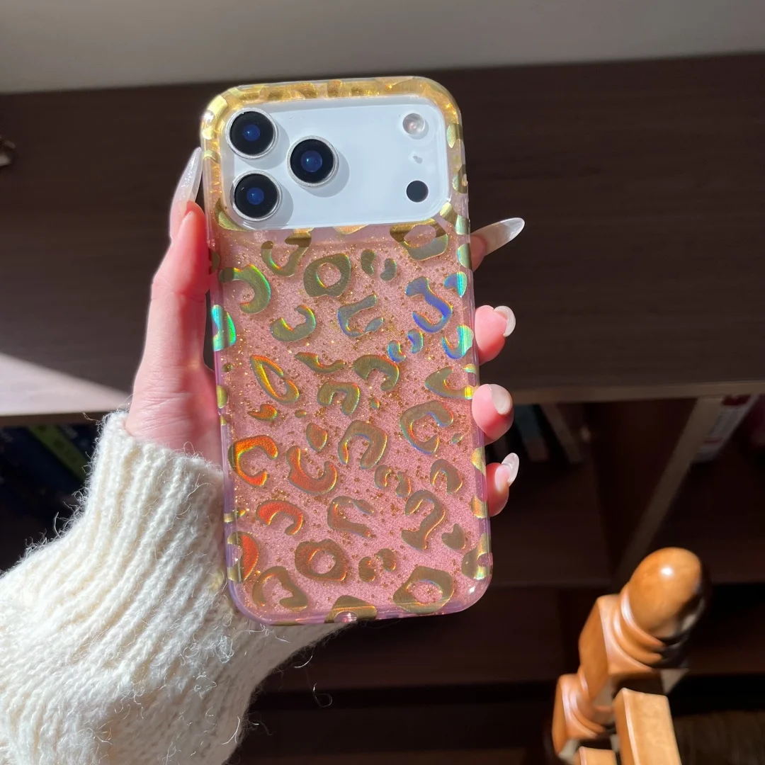 

Stylish Pink Gold Leopard Print Phone Case For iPhone 17 Pro Air 16 15 14 13 14 Pro Max Plus laser Shockproof Cover