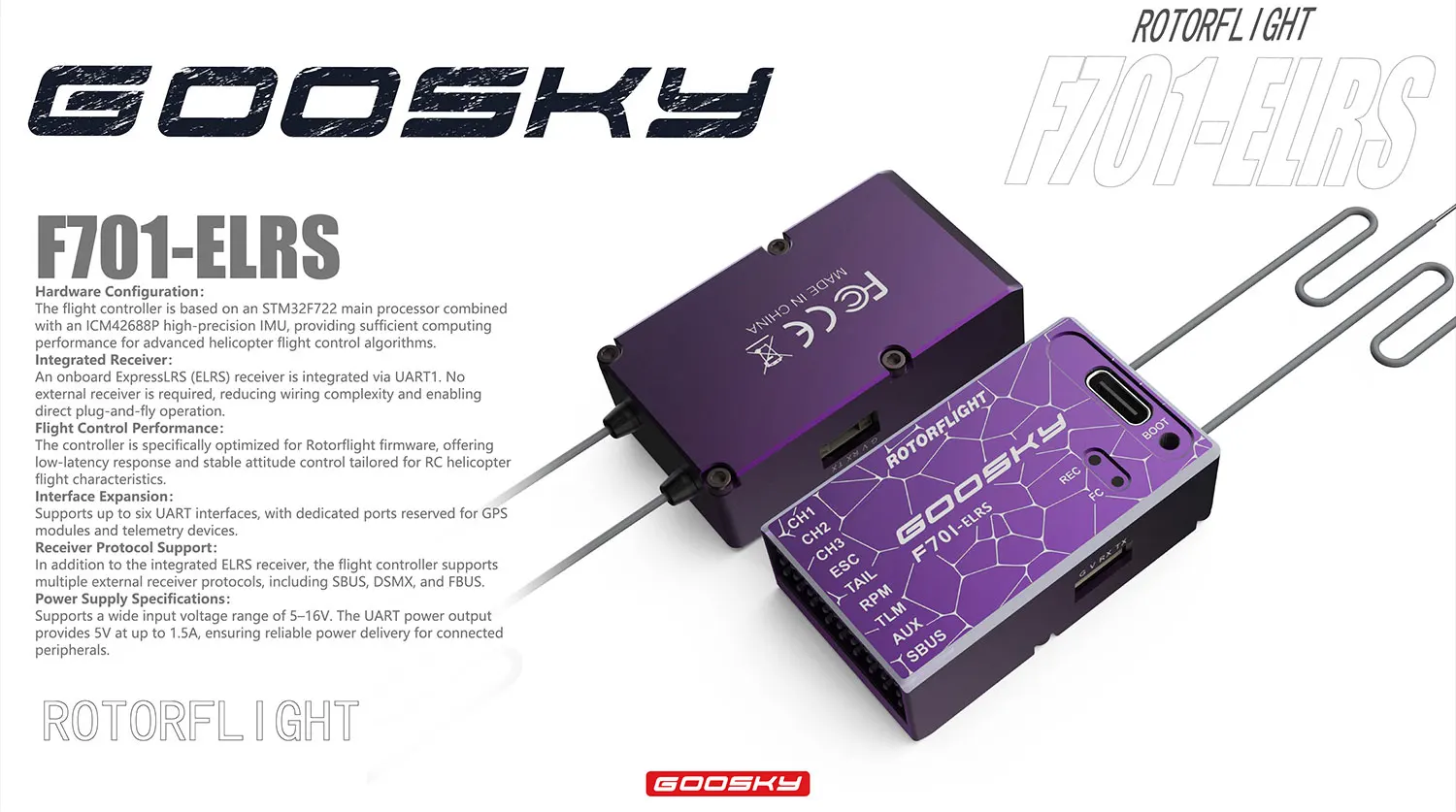 Goosky RC helicopter flight controller F701-ELRS ExpressLRS ROTORFLIGHT