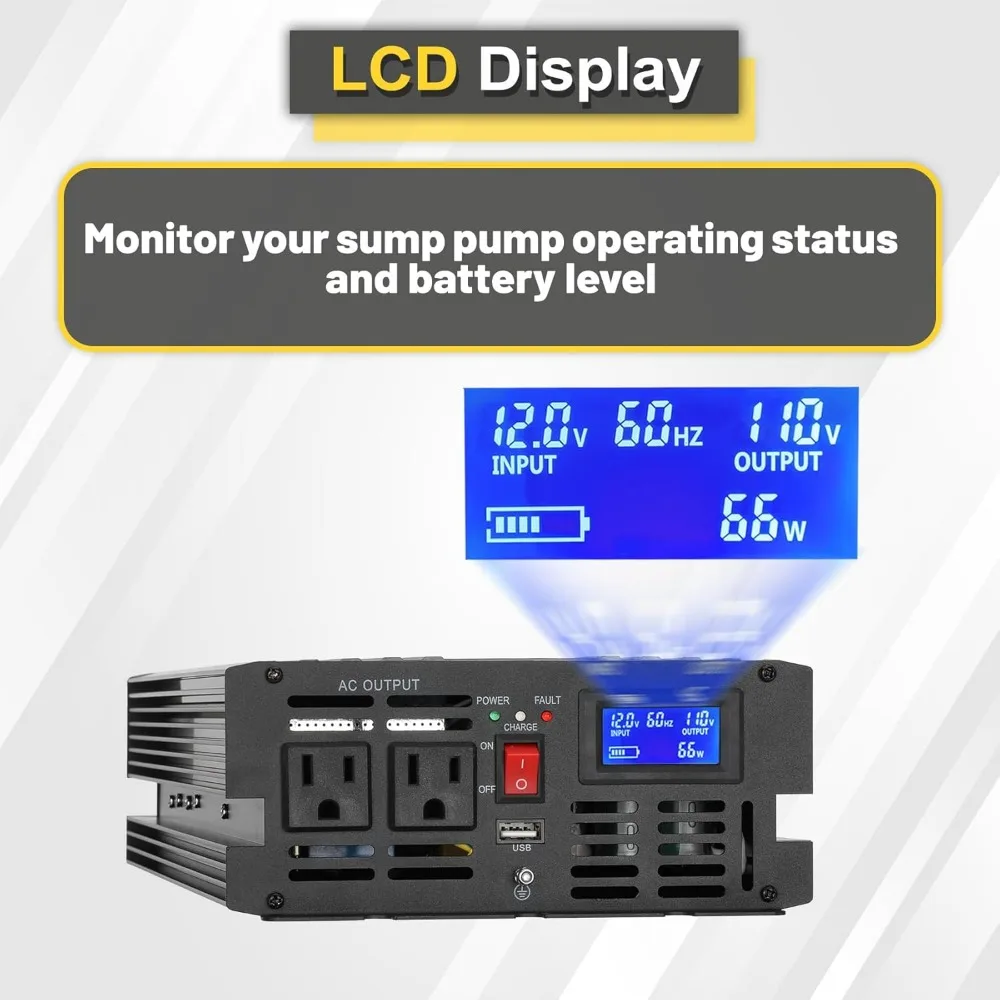 Primary Sump Pump Battery Backup, preto, display LCD, interruptores automáticos para operação contínua Sump, 1500W