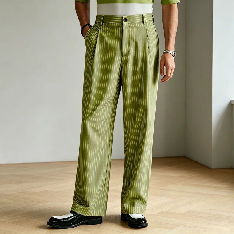 

Vintage Men Thin Striped Suit Trousers High Waist Pleated Wide Leg Pants Loose Straight Slacks Business Casual Office Wedding