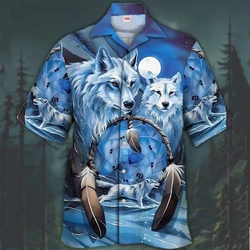 2024 New Wolf Print Cuban Collar Shirt Vintage Men's Shirt Street Fashion Oversized Hawaiian Shirts For Men Short Sleeve T-Shirt