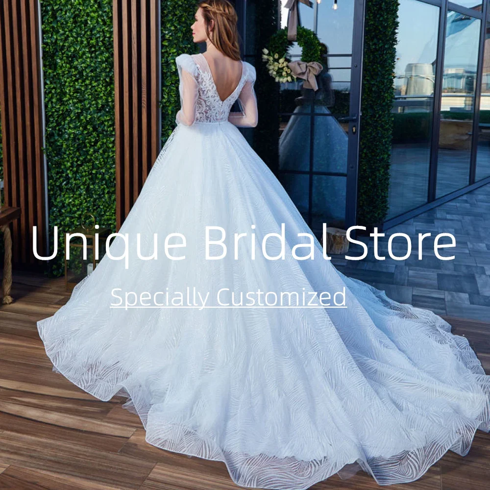 Abiti da sposa personalizzati Bellissimo abito da festa senza schienale con maniche lunghe a trapezio elegante con applicazioni per abito da sposa da donna