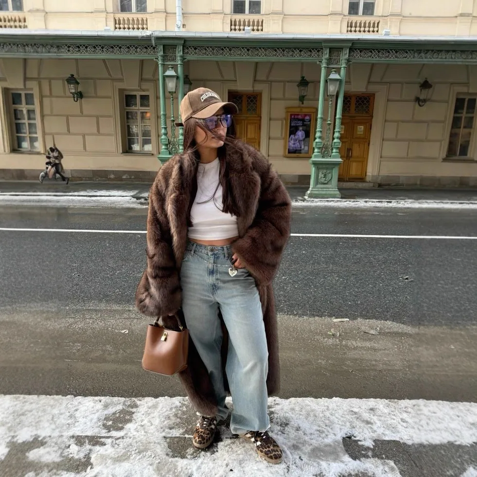 Épaissi hiver femmes veste de fourrure artificielle marron costume col manteau dame fourrure vêtements d'extérieur moelleux ample longue femme fausse fourrure manteau