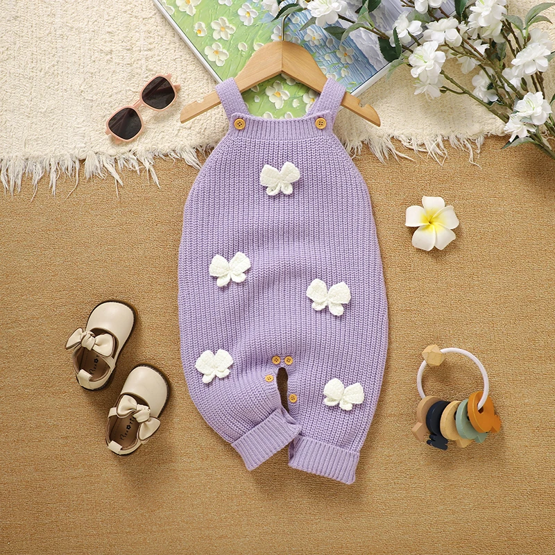 

Фиолетовые комбинезоны для маленьких девочек, вязаные комбинезоны без рукавов с бантом для новорожденных, комбинезоны на бретельках, одежда для малышей 0-18 месяцев, комбинезон для малышей 0-18 месяцев