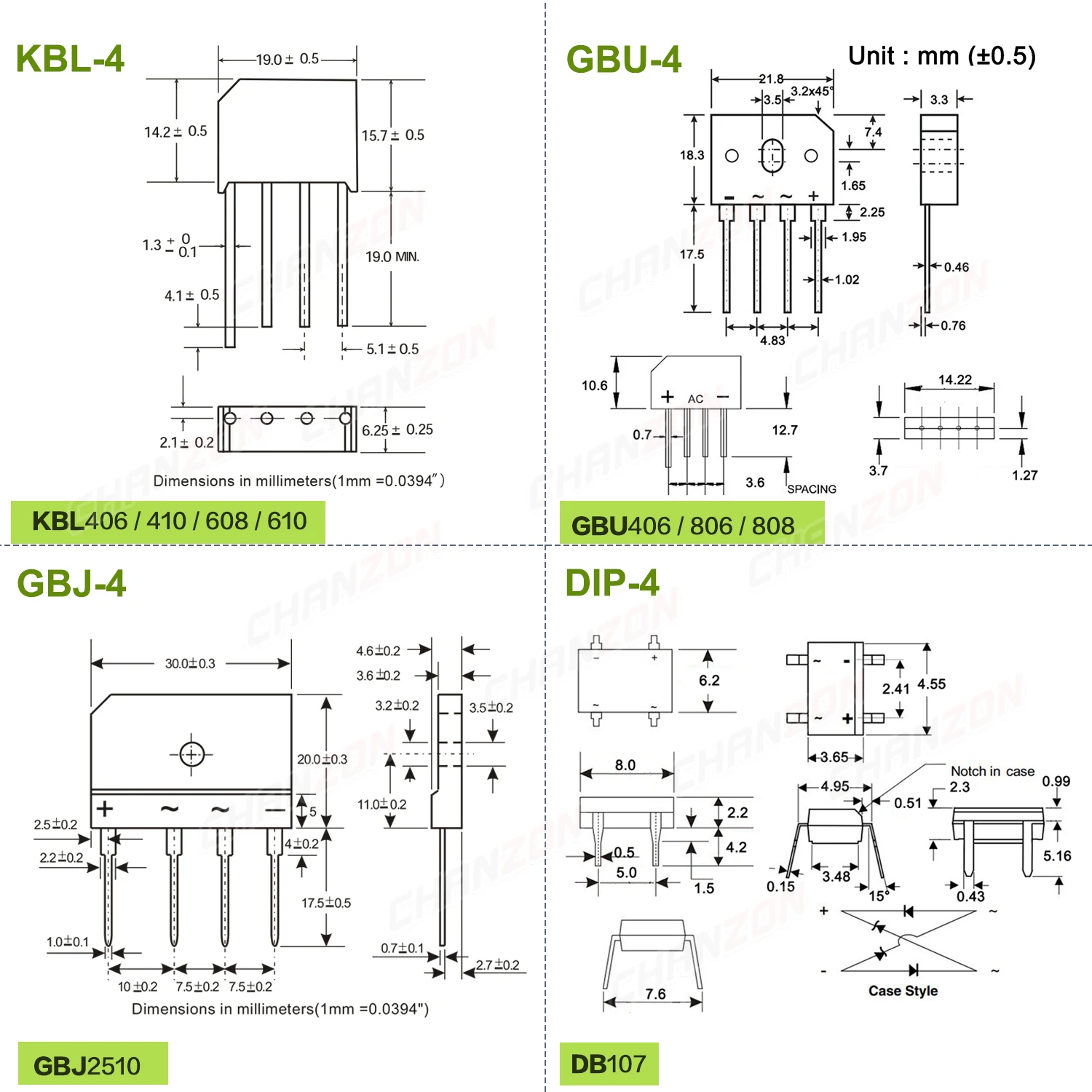 KBP206 KBP210 KBP310 KBL406 KBL410 KBL608 KBL610 GBU406 GBU806 GBU808 GBJ2510 DB107 KBPC610 Diode Bridge Rectifier 800V 1000V