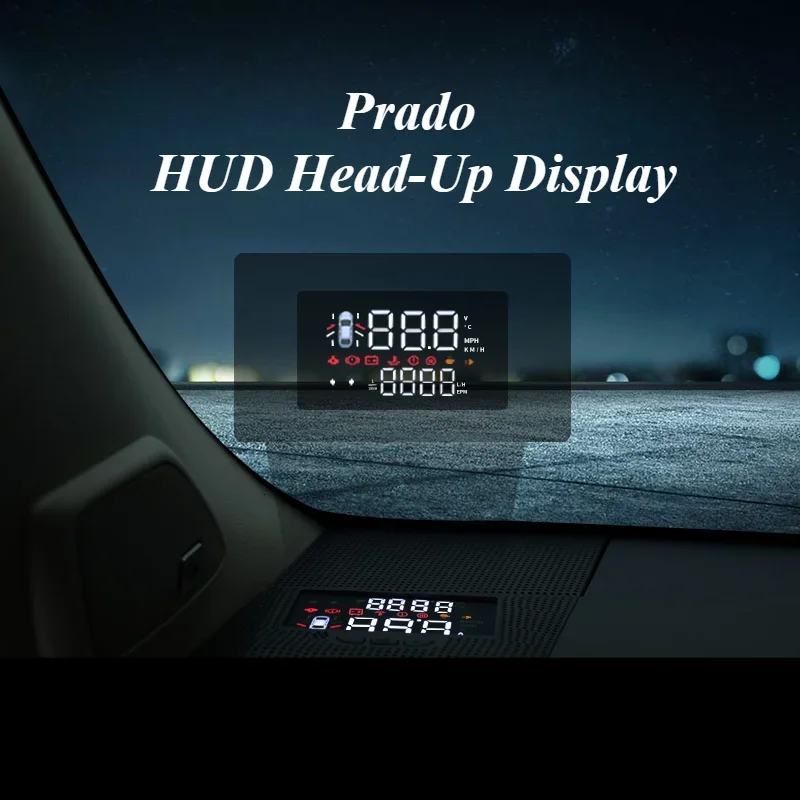 For Toyota Prado HUD Auto Car Head Up Display Windshield Projector OBD Speed Tire Pressure Monitor HD Projector  Alarm System