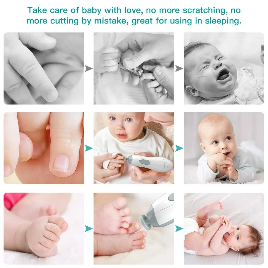 Coupe-ongles électrique pour bébé avec lumière LED et 10 têtes de meulage pour un soin des ongles sûr, silencieux et précis des nouveau-nés, les tout-petits et I