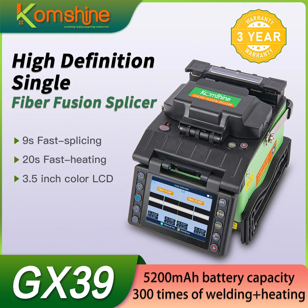 Komshine GX39-H Optical Fiber Fusion Splicer, 9S fast splicing Welding Splicing Machine, 3-year warranty Free Shipping