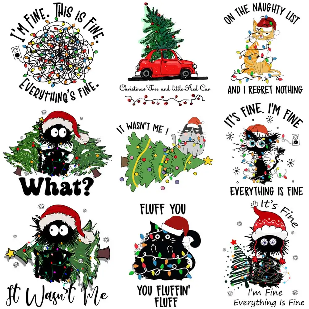 Cat Christmas Design Iron-on Transfer For Clothing DIY A-Level Washable T-shirt Thermal Sticker Colorful Lights Patches Applique