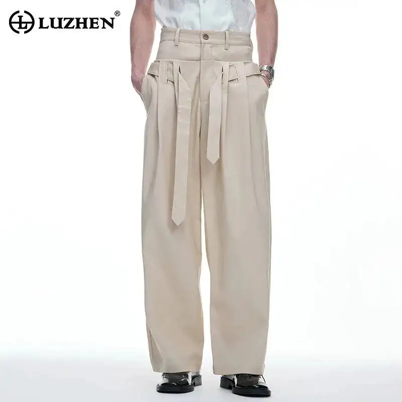 LUZHEN 2026 New Fashion Solid Color Double Layer Waist Loose Straight Casual Pants Men Handsome Ribbon Decorate Trousers JY7412