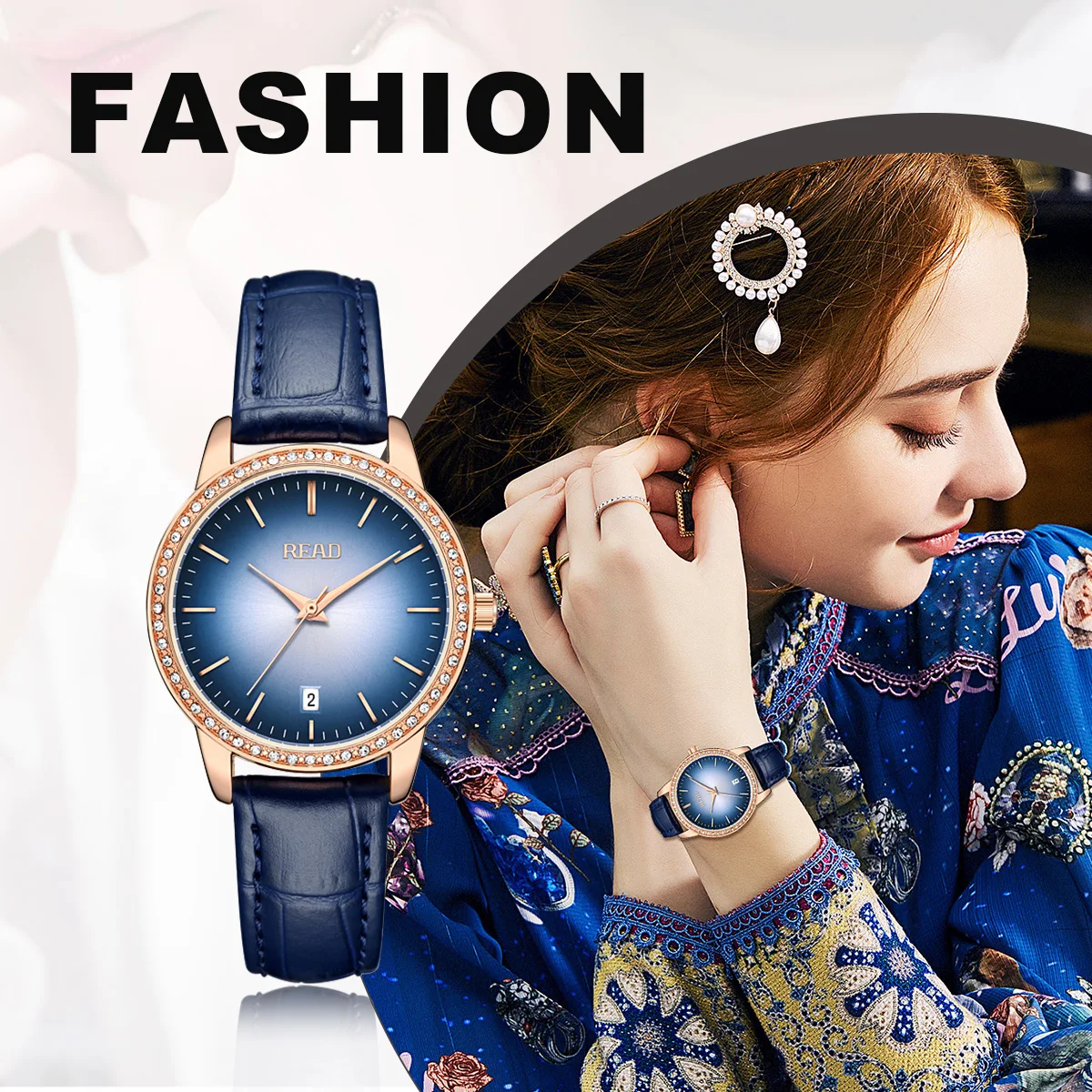 READ Women Analog Quartz Wrist Watch | Date Display | Blue Leather Strap | Daily Water Resistant Elegant Ladies Dress Watch