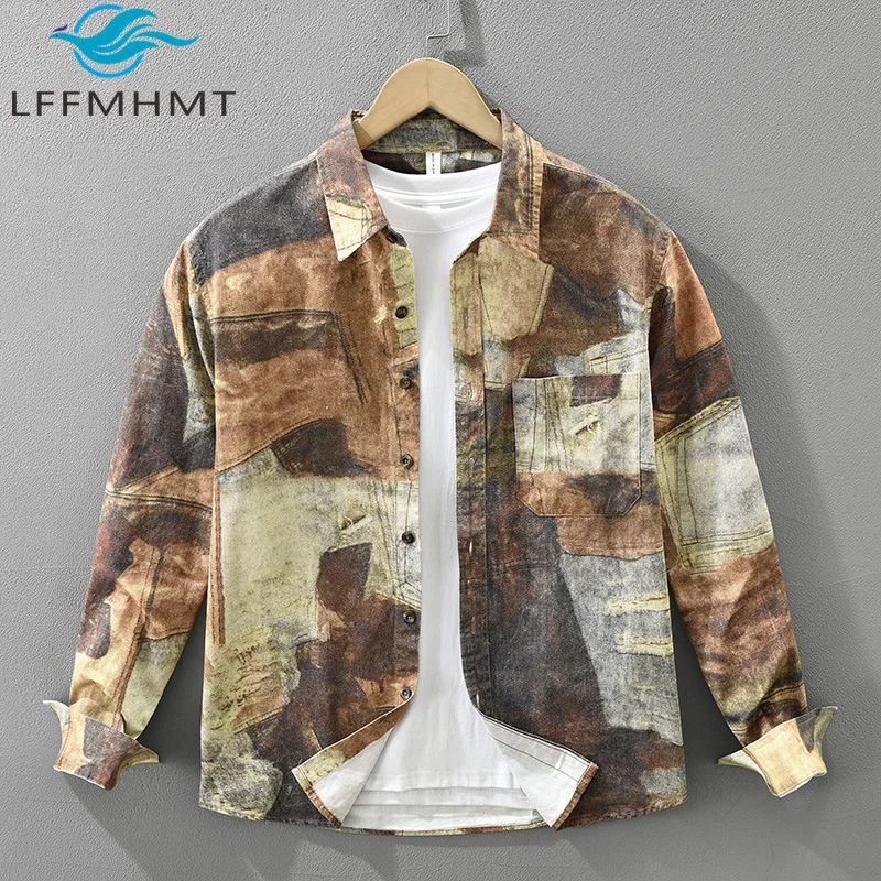 7702 Japan Style Men's Vintage Print Casual Shirt Good Quality 100% Cotton Long Sleeve Loose Casual Relax Fit Blouse Tops Male